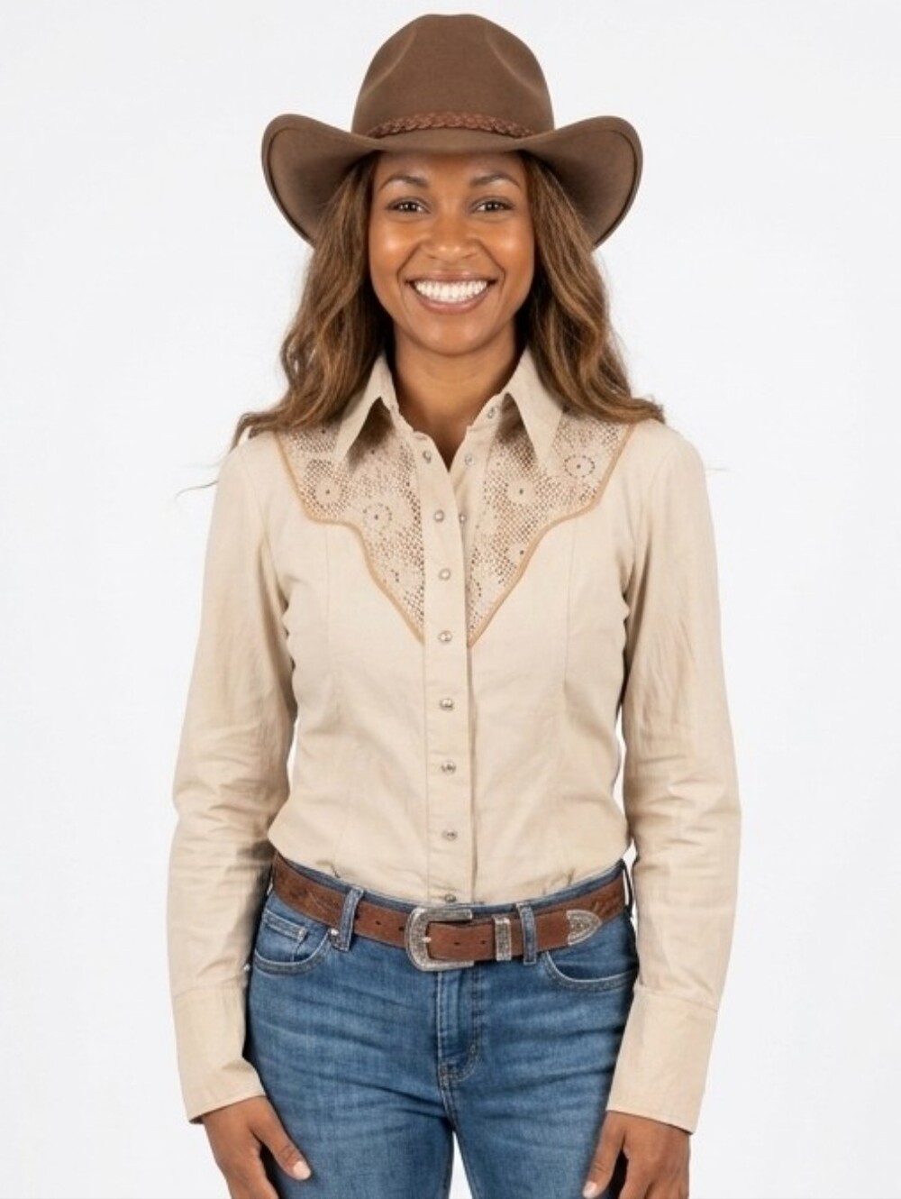 Lady Dutch Tan Button Down Shirt Western cowboy Lace Detail Boho large Button mi